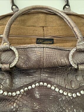 Raviani Metallic Taupe Croc-Embossed Satchel with Crystals